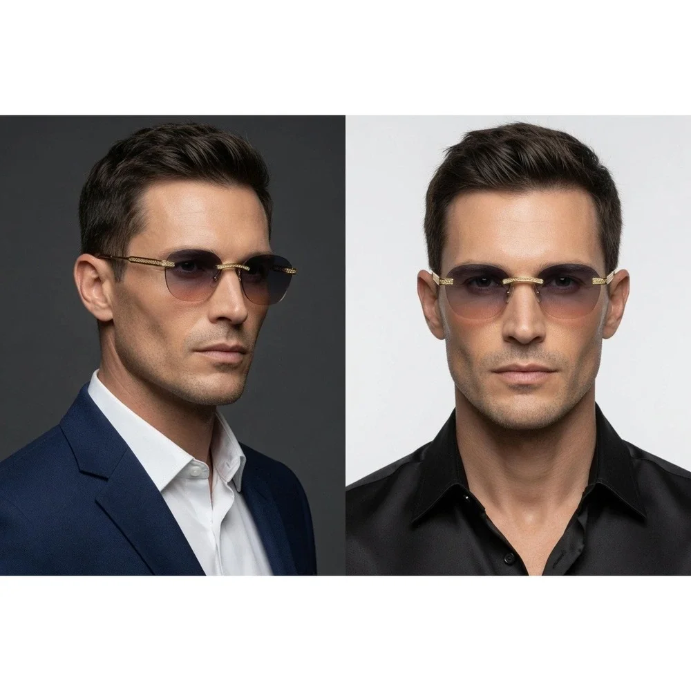 Mens Frameless Round Sunglasses Gold Metal Purple Pink Lens Retro Festival Music